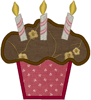 Cupcake Applique with 3 Candles Embroidery Design