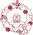 Christmas Machine Embroidery Designs: Redwork Holiday Wreath with Little Penguin