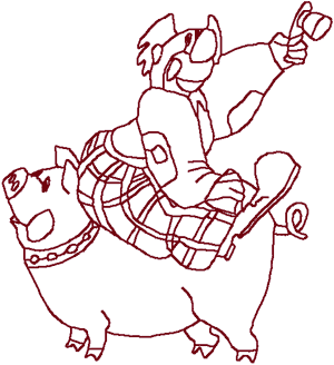 Redwork Circus Clown & His Pig Embroidery Design