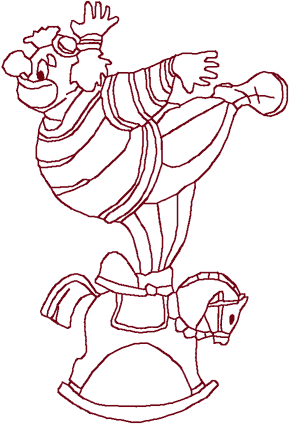 Redwork Circus Clown on Rocking Horse Embroidery Design