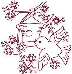 Redwork Little Bluebird & House Embroidery Design