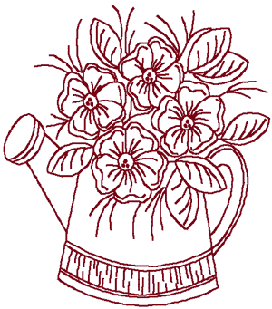 Redwork Watering Can with Flowers Embroidery Design