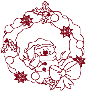 Redwork Happy Snowman Wreath Embroidery Design