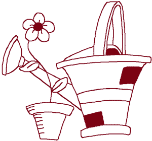 Redwork Watering Can & Potted Flower Embroidery Design