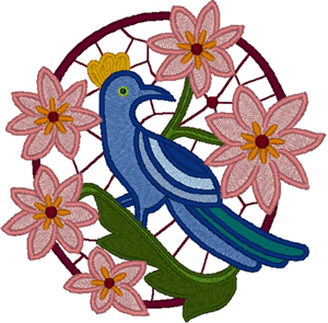 Folk Art Bird & Clematis Flowers Embroidery Design