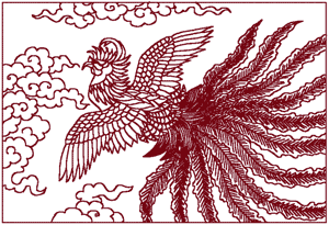 Redwork Oriental Magnificent Rooster Embroidery Design