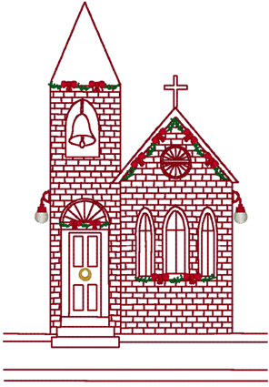 Redwork Village Church at Christmas Embroidery Design