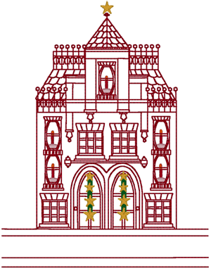 Redwork Village Apartment Building at Christmas Embroidery Design