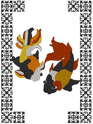 Two Swimming Koi with Oriental Frame Embroidery Design