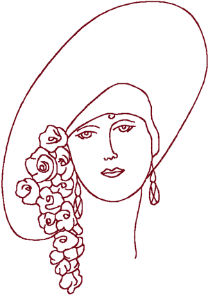 Redwork Flapper in Floral Hat Embroidery Design