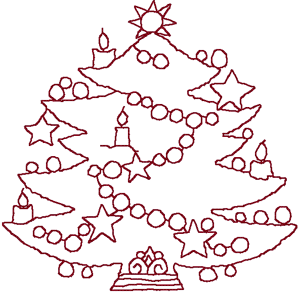 Redwork Christmas Tree with Ornaments Embroidery Design