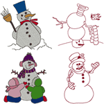 Filled & Redwork Snowman Set Embroidery Design