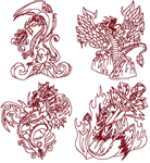 Redwork Elemental Dragons Embroidery Design