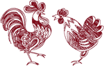 Redwork Ornamental Hen & Rooster Embroidery Design