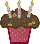 Cupcake Applique with 3 Candles Embroidery Design
